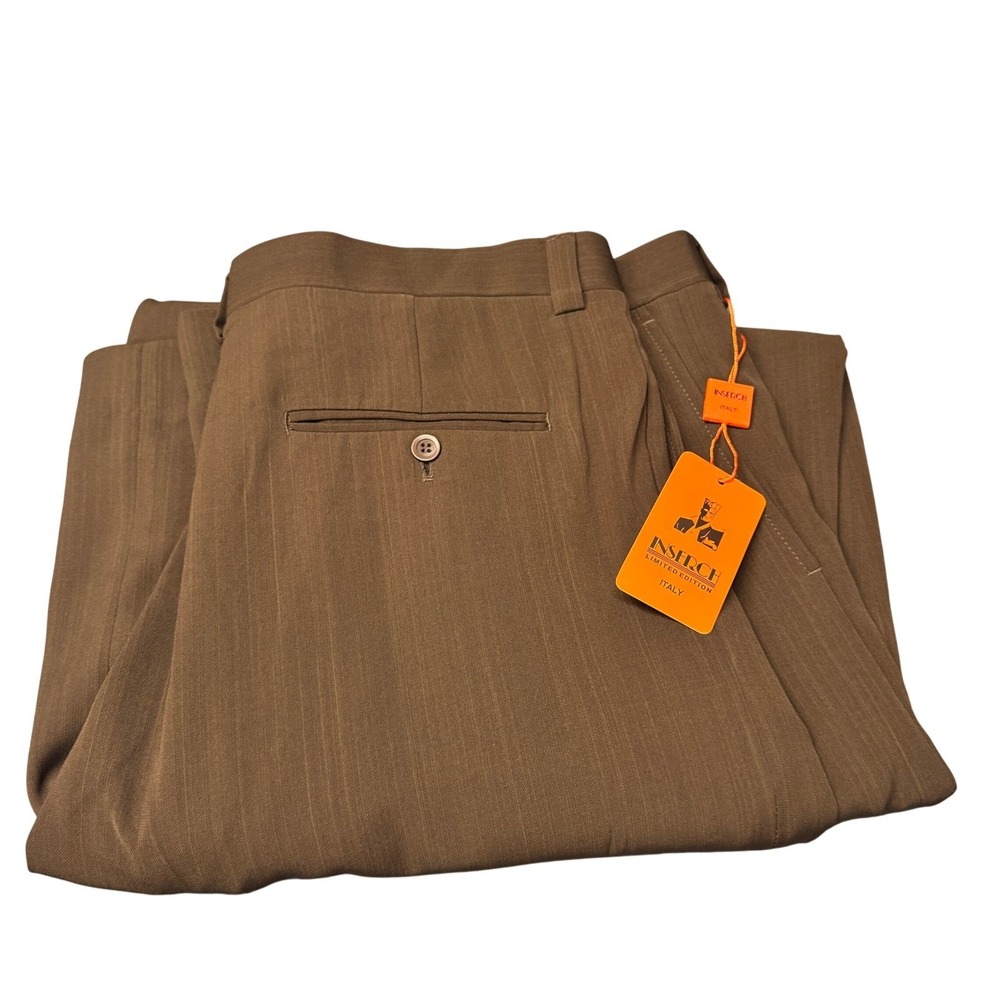 Inserch Dress Pants Mens 44 (42x35 ACTUAL) Brown Pleated Classic Wide Leg NEW
